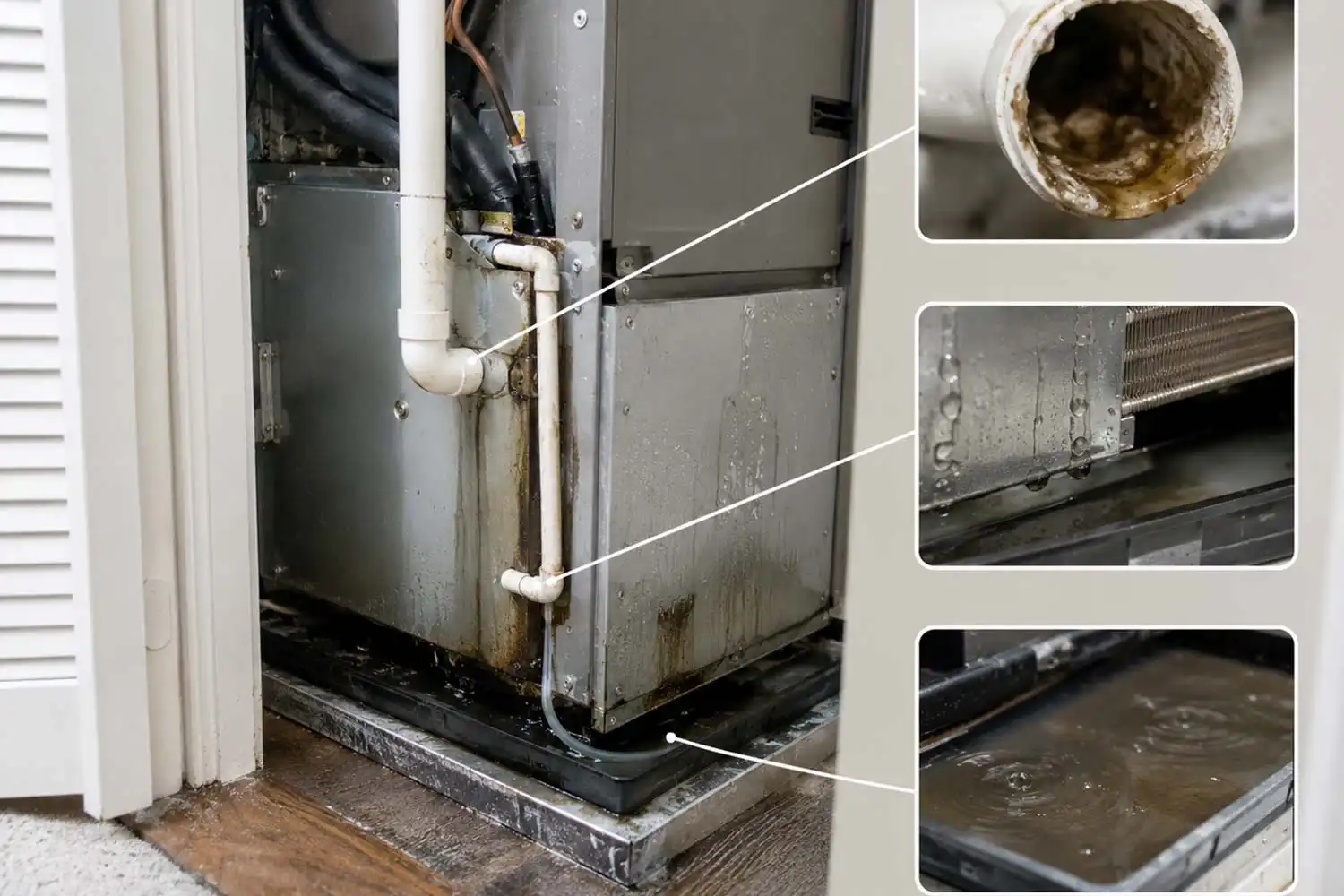 HVAC technician clearing clogged condensate drain — AC leaking water fix in Central NJ