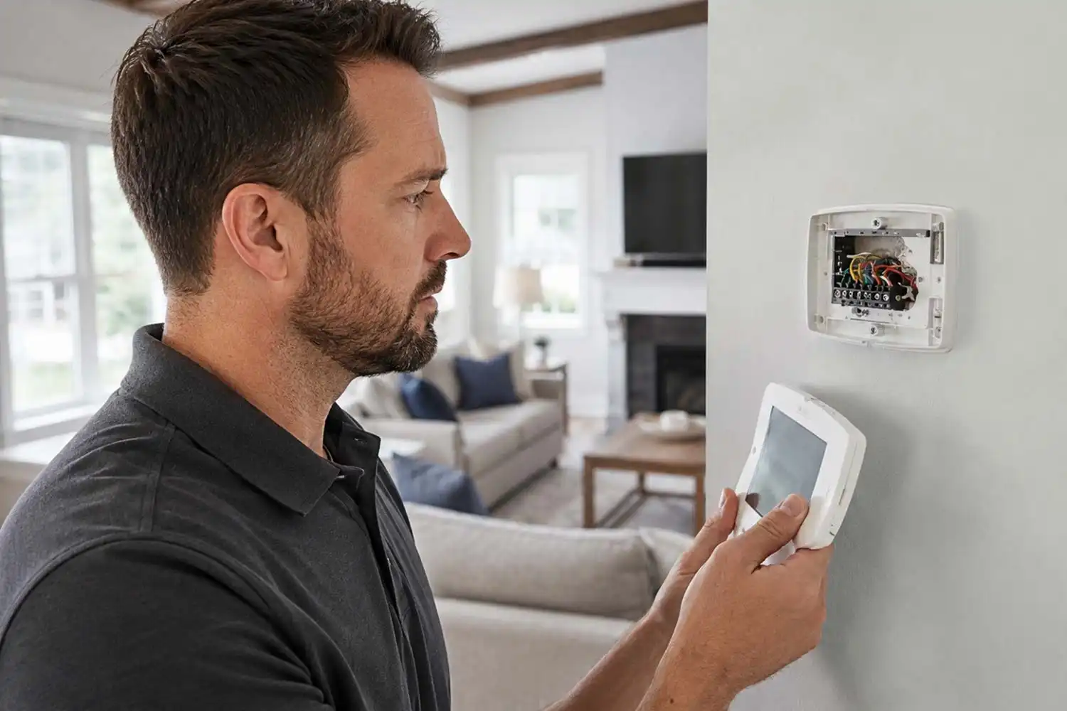 HVAC technician diagnosing thermostat blank screen and frozen display in Central NJ